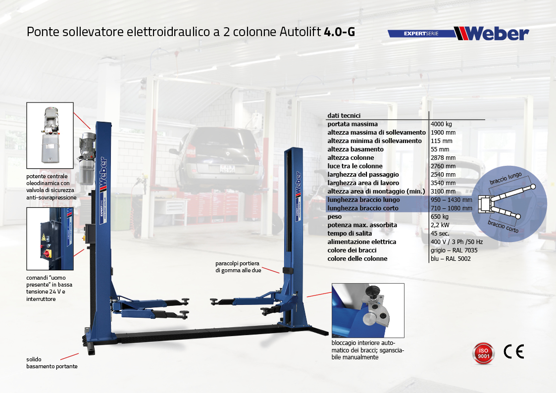 Ponte sollevatore elettroidraulico 2 colonne Weber Expert Serie Autolift 4.0-G con basamento portante