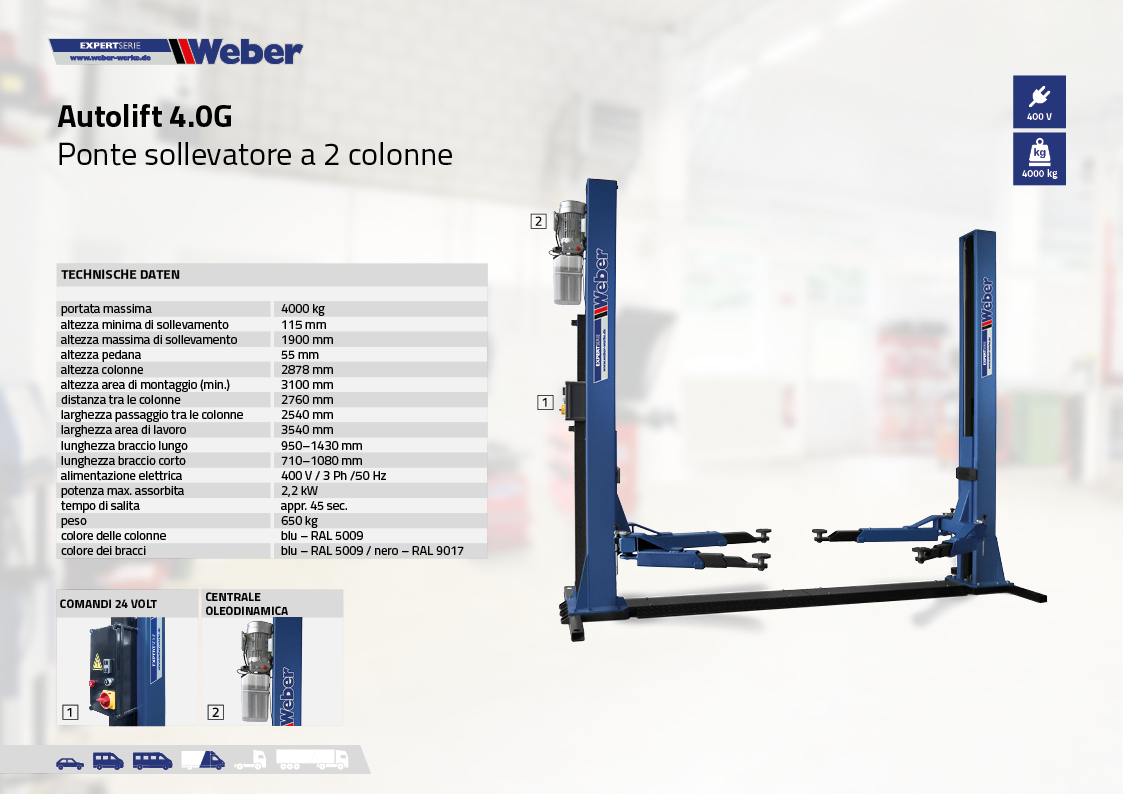 Ponte sollevatore elettroidraulico 2 colonne Weber Expert Serie Autolift 4.0-G con basamento portante