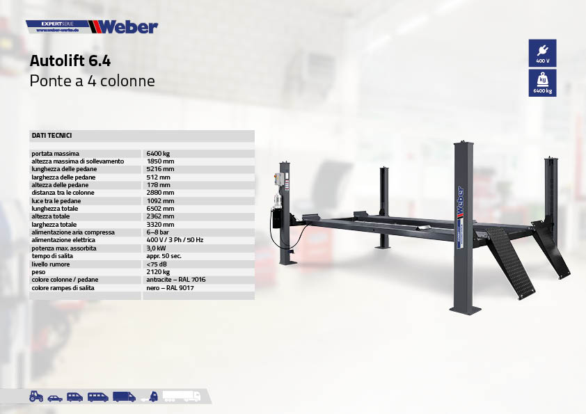 Ponte sollevatore a 4 colonne Weber Expert Serie Autolift 6.4