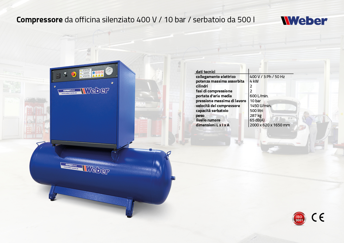 Compressore da officina silenziato 400 V / 10 bar / serbatoio da 500 l
