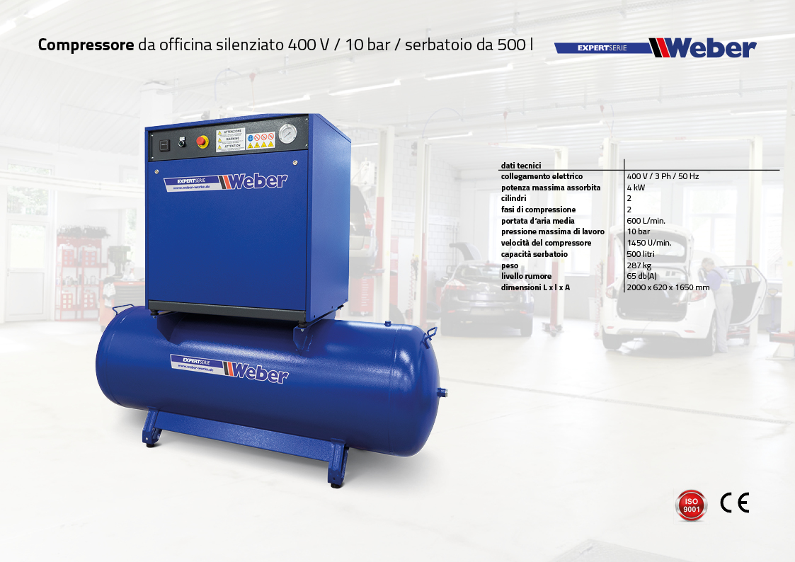 Compressore da officina silenziato 400 V / 10 bar / serbatoio da 500 l