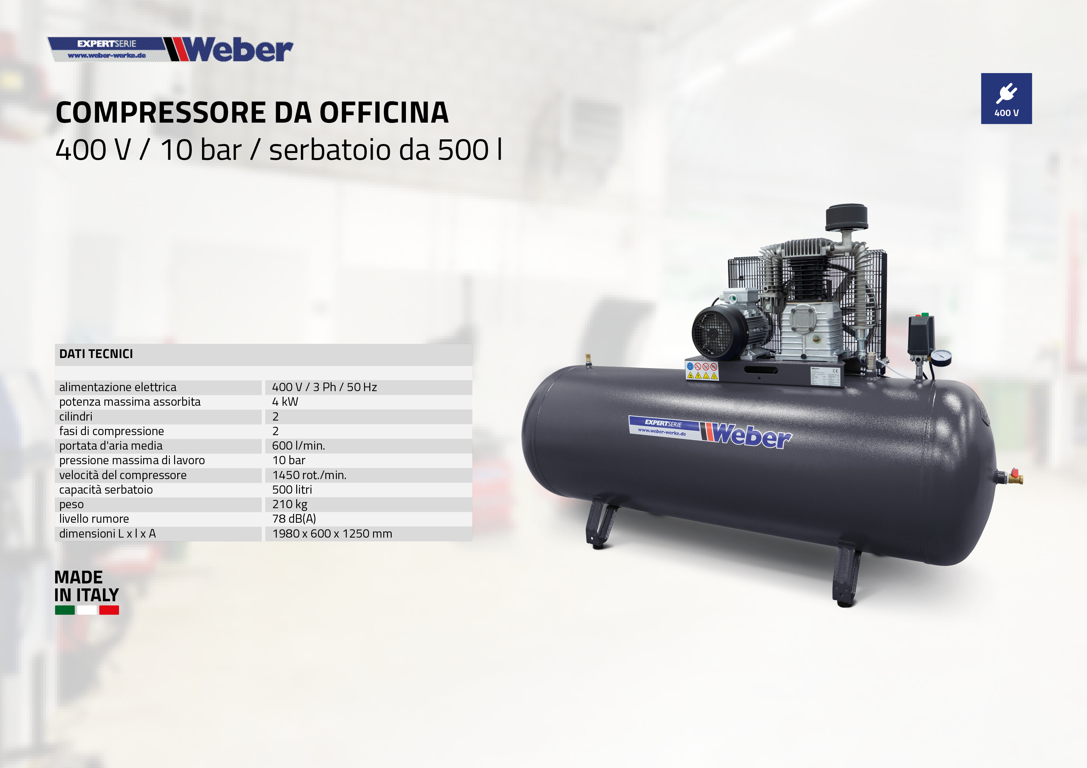 Compressore da officina 400 V / 10 bar / serbatoio da 500 l