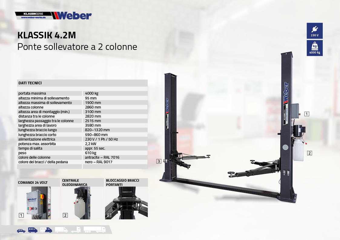 Ponte sollevatore elettroidraulico a 2 colonne Weber Klassik Serie – Klassik 4.2M