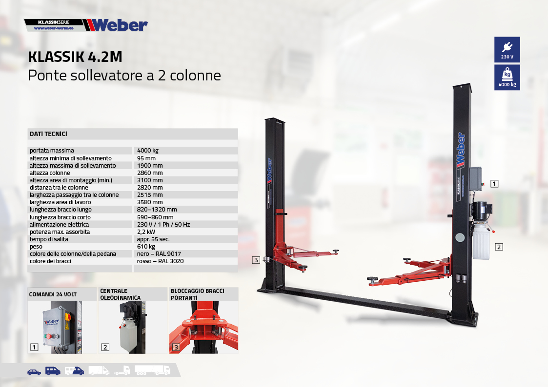 Ponte sollevatore elettroidraulico a 2 colonne Weber Klassik Serie – Klassik 4.2M