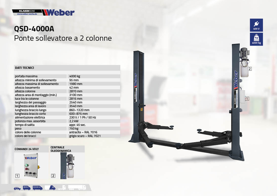 Ponte sollevatore elettroidraulico a 2 colonne Weber Klassik Serie QSD-4000A