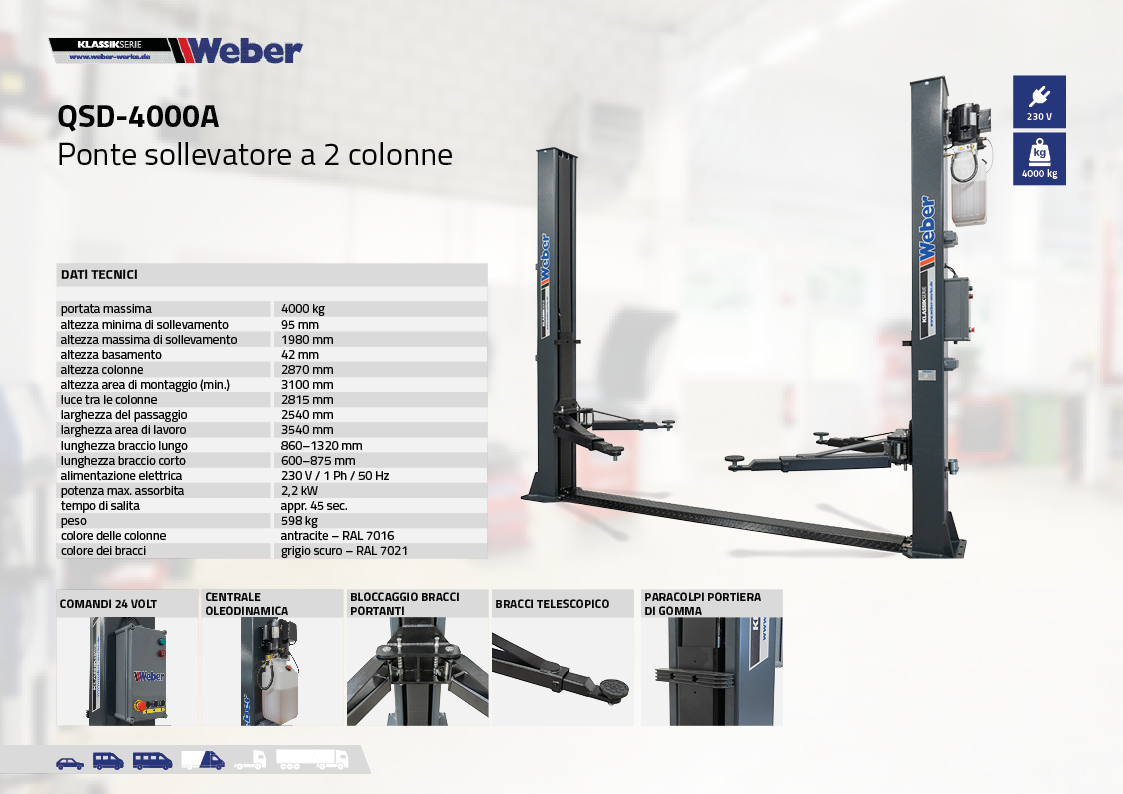 Ponte sollevatore elettroidraulico a 2 colonne Weber Klassik Serie QSD-4000A