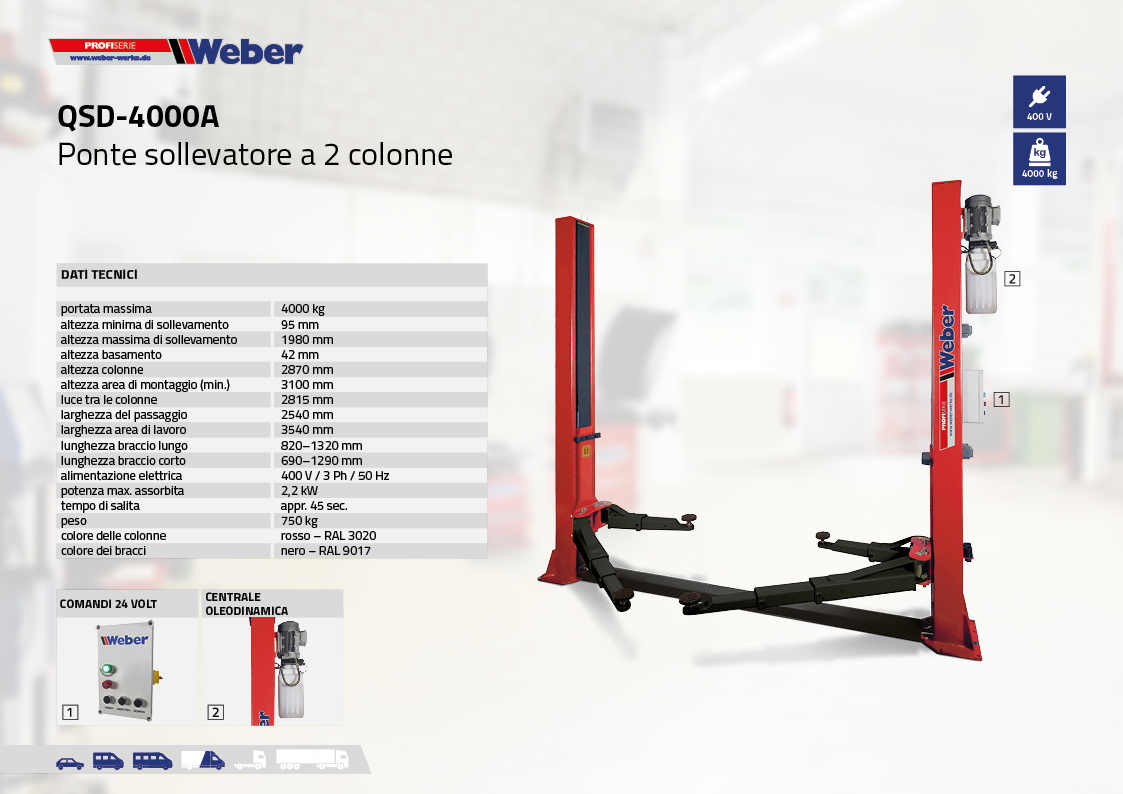 Ponte sollevatore elettroidraulico a 2 colonne Weber Profi Serie QSD-4000A