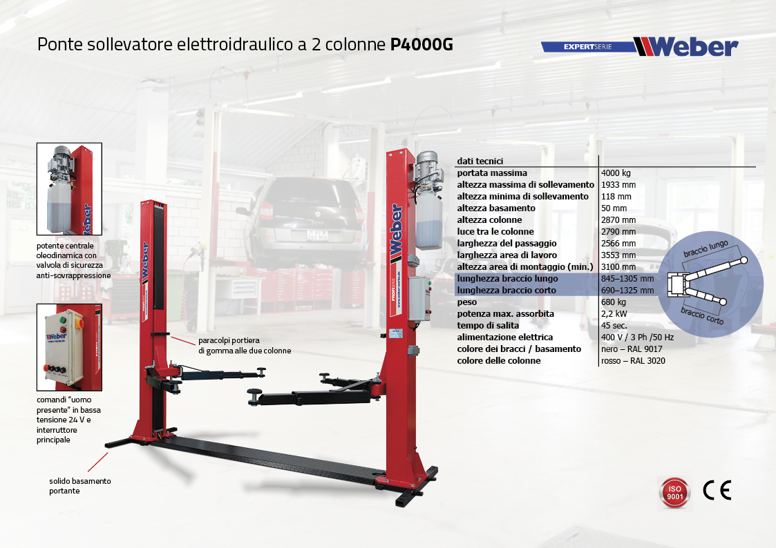 Ponte sollevatore elettroidraulico a 2 colonne Weber Profi Serie P4000G con basamento portante