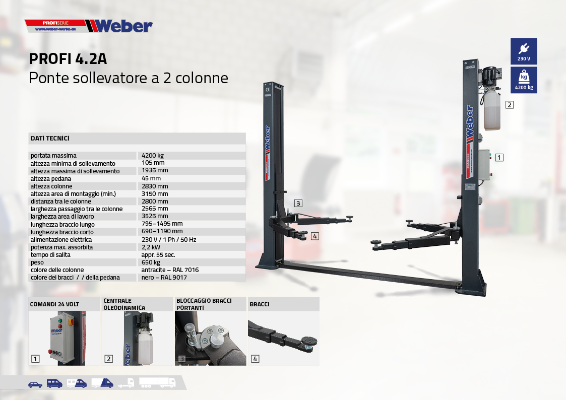 Ponte sollevatore elettroidraulico a 2 colonne Weber Profi Serie 4.2A