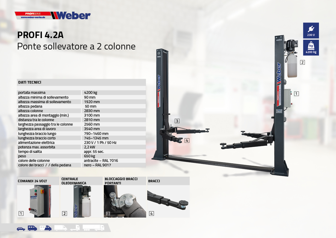 Ponte sollevatore elettroidraulico a 2 colonne Weber Profi Serie 4.2A